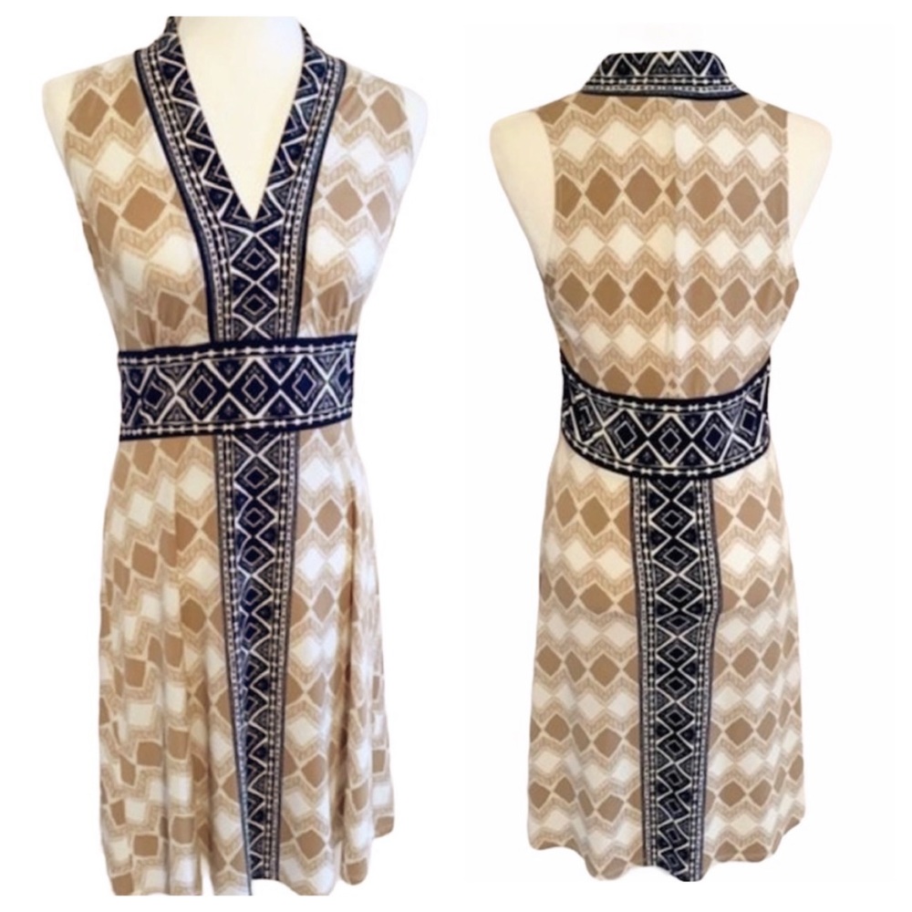 London Times Tan & Navy Print Sheath Dress